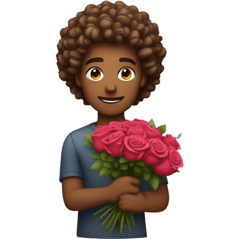  male with curly hair carrying a bouquet of roses emoji