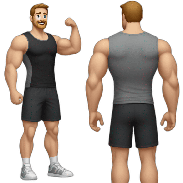 Full height realistic Actively gesturing with hands Pale skinned Fit Man With the biceps and brown hair in dark gray Sleeveless Mike, black oversize sports shorts, watch and white Sneakers emoji