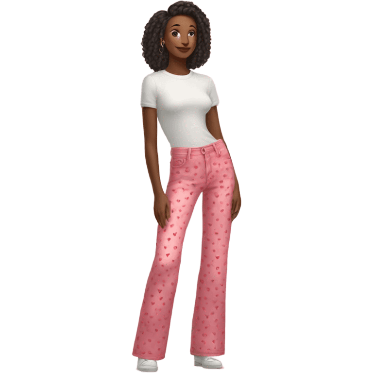 Realistic long Wide leg high waisted pink jeans with small red hearts print, isolated emoji