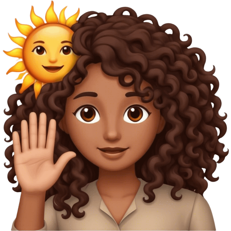 Brown woman with dark brown long curly hair saying good morning with the sun emoji