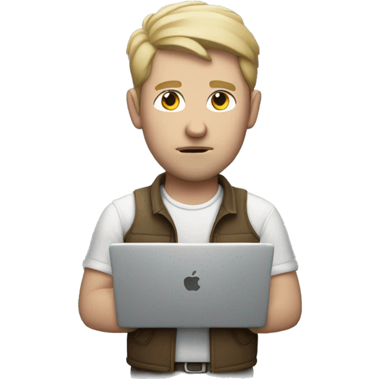 white man holding a MacBook with serious face emoji