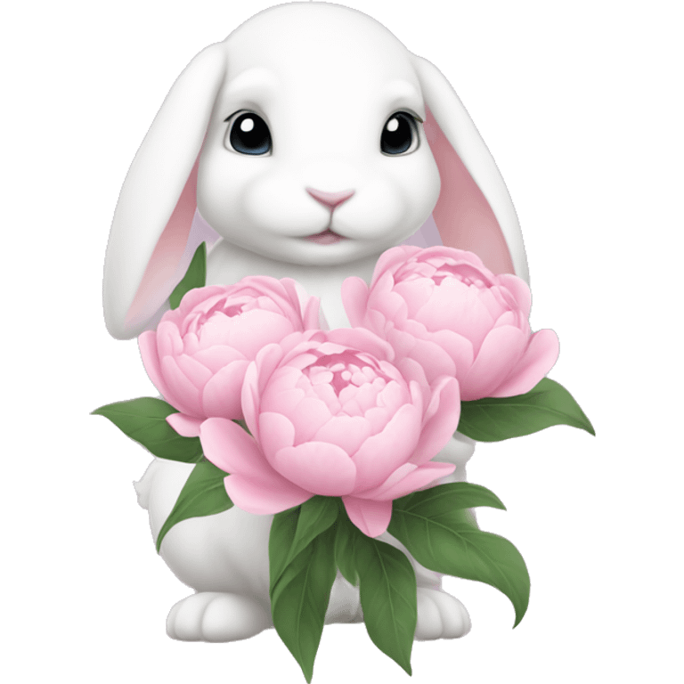 cute white bunny holding light pink peonies emoji