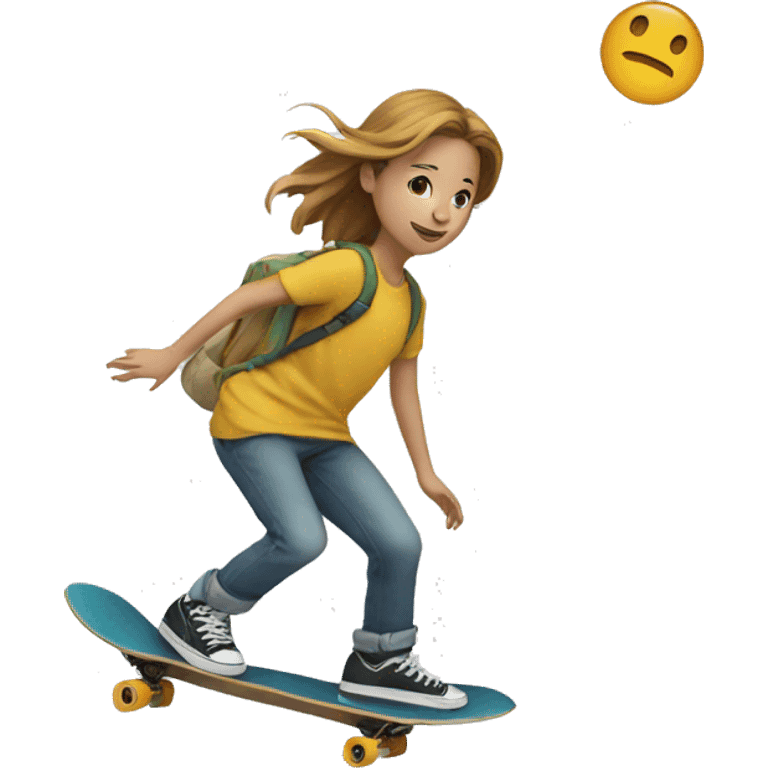 A young person on a skateboard is pushed by another emoji