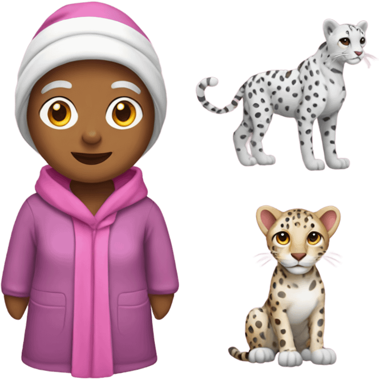 Grandma with beanie and a pink robe with white cheetah print emoji