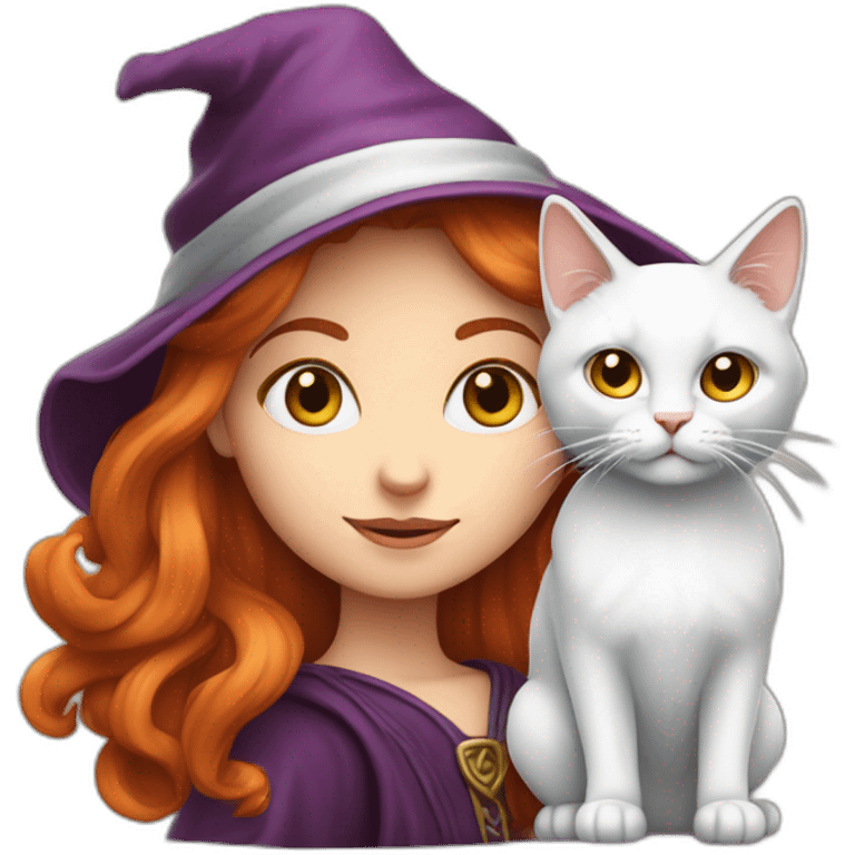 Sorcière rousse avec chat blanc qui a des yeux de couleur différente emoji