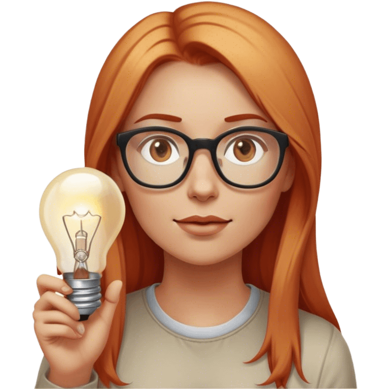 intelligent and clever, 30 year old, girl, long red and almost blond hair, glasses, has an brillant idea, light bulb over the head, casual cloth  emoji