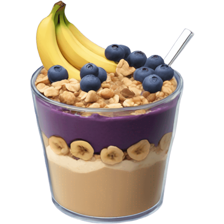 Açai bowl in a clear cup with layers of peanut butter, cashew nuts, granola, condensed milk and banana sliced and blueberrys on top emoji