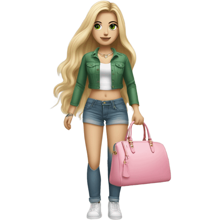 Realistic White girl with Long straight blonde hair, green eyes, tattoos, full body wearing white crop top and jeans, holding pink håndbagage emoji