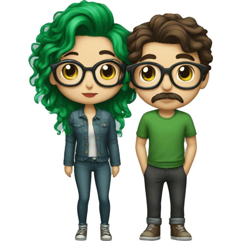 A heavy set boy with brown hair and a mustache is kissing a green haired girl who is thin and wearing glasses both have tattoos emoji