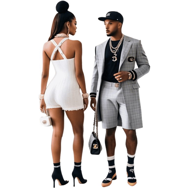 Man living his dream standing in the master bedroom of a mansion. He’s boo’d up with a pretty Brownskin big booty woman wearing a Chanel outfit with her holding a Chanel bag. The man has on a Fear of God Essentials outfit wearing designer socks. The man isn’t holding a bag emoji