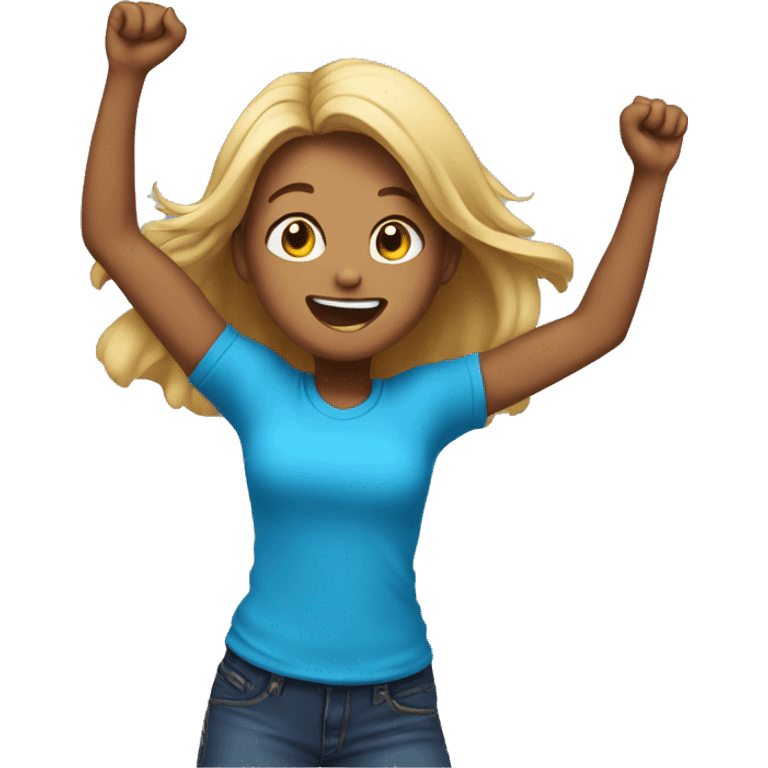 Girl jumping in celebration, showing her from behind, just from the hips to the head, light dark skin and blue T-shirt emoji