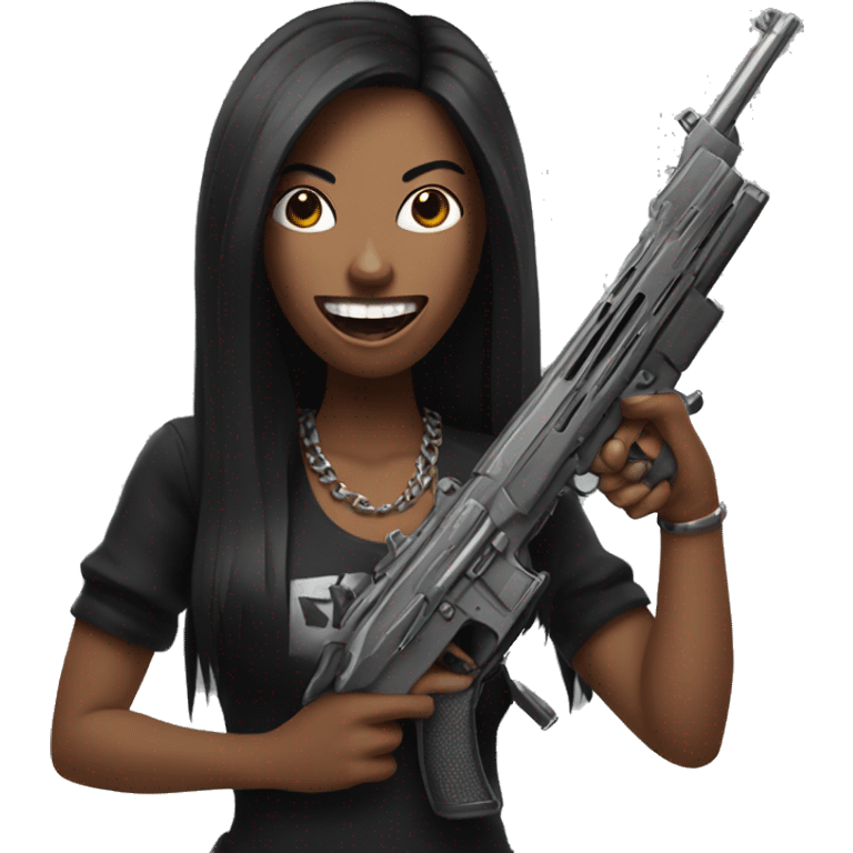 woman with long black hair and grillz holding 2 guns emoji