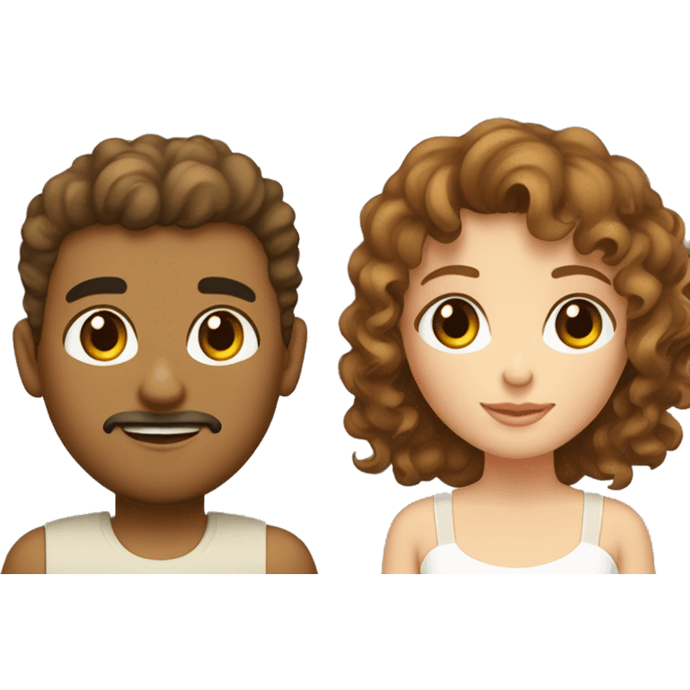 A couple, girl is pale with hazel green eyes light brown curly hair till waist and bangs. The man is dark skinned with little beard and black hair and eyes chubby cheeks  emoji