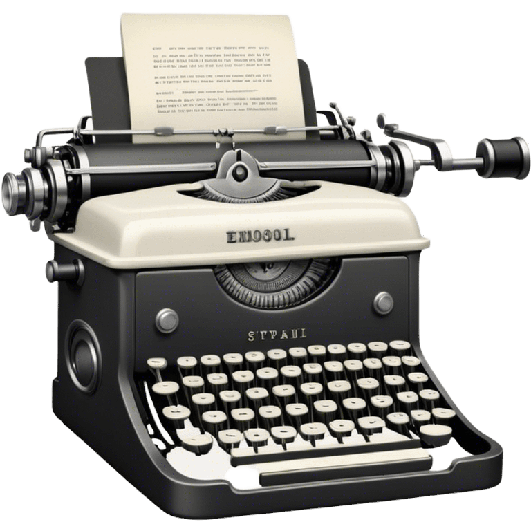 Create an emoji representing screenwriting. The design should feature an open script with visible dialogue and action lines, symbolizing the writing of a screenplay. Include a classic typewriter or a modern writing device, such as a laptop, to signify the process of creating a script. Optionally, add elements like a film reel or director's chair to emphasize the cinematic aspect of screenwriting. Use a professional color palette with black, white, and subtle metallic tones. Do not include any emojis or smiley faces. Make the background transparent. emoji