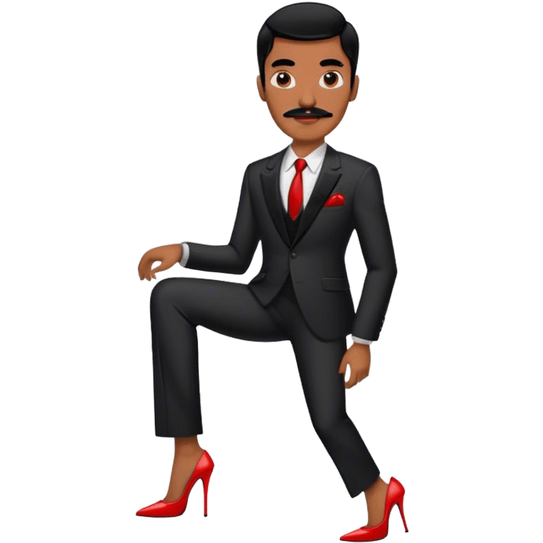 Man in a black suit suit and red strappy high heels with black hair and black mustache and brown skin emoji