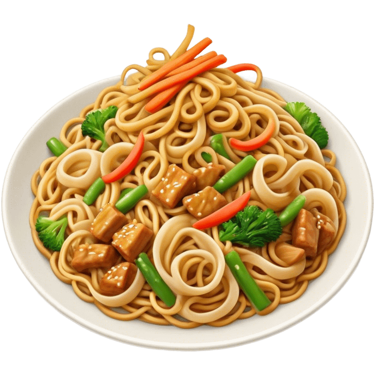 Cinematic Realistic Chow Mein Dish Emoji, showcasing stir‚Äêfried noodles with crisp vegetables and tender meat, rendered with lifelike detail and vibrant, dynamic lighting. emoji