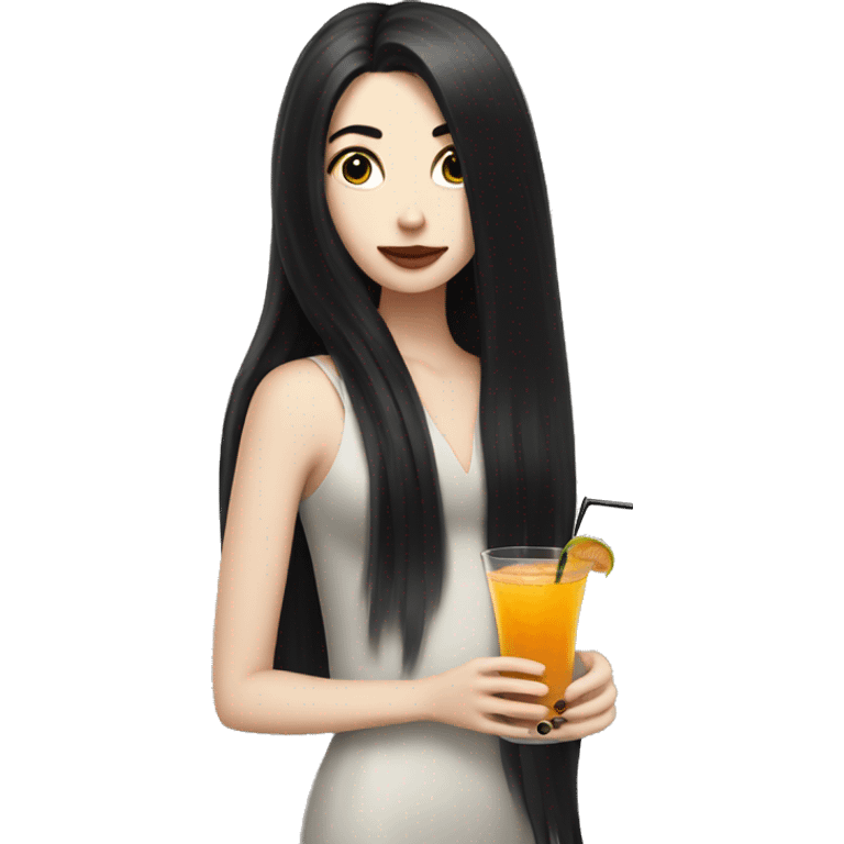 Pale girl with long black hair with chest holding cocktail emoji