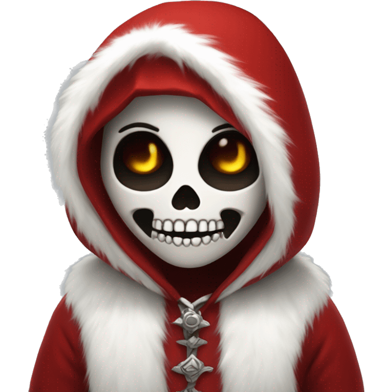 Cute young skull wearing a red velvet hood with white fur trim. emoji