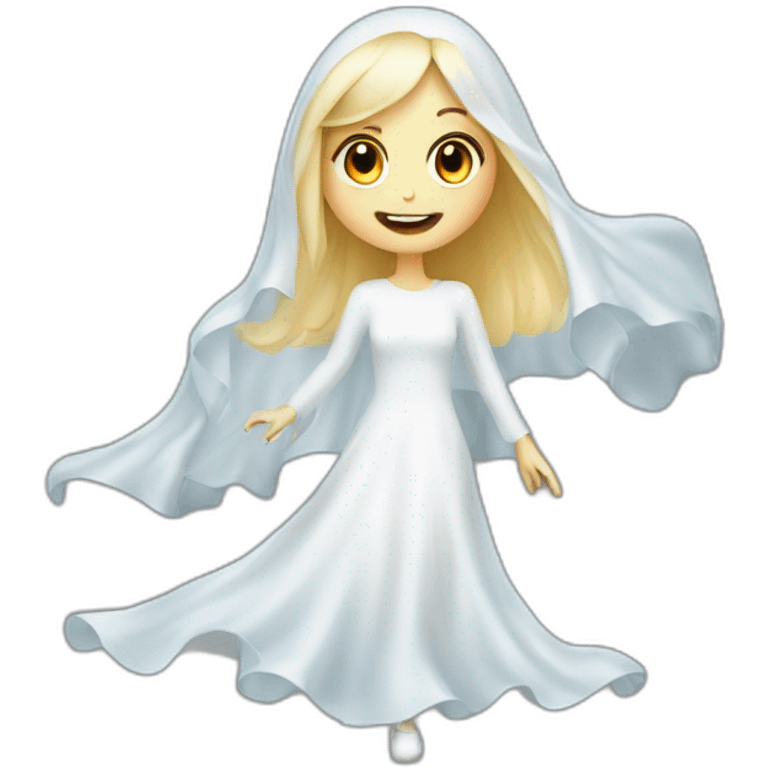 a blondie girl dressed as a ghost moving up the floor going to a party emoji