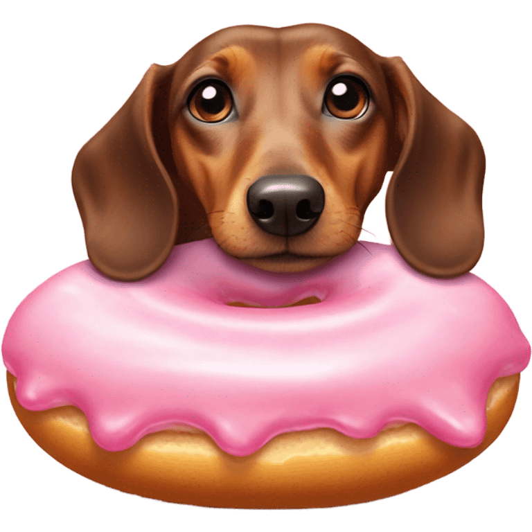 dachshund laying down licking a pink frosted doughnut in front of it emoji