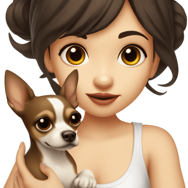 A girl with long, straight, very dark brown hair, big round brown eyes, and full, very big lips. She is wearing a white singlet top and holding a small chihuahua in her arms. The chihuahua is a solid light yellow colour with no markings emoji