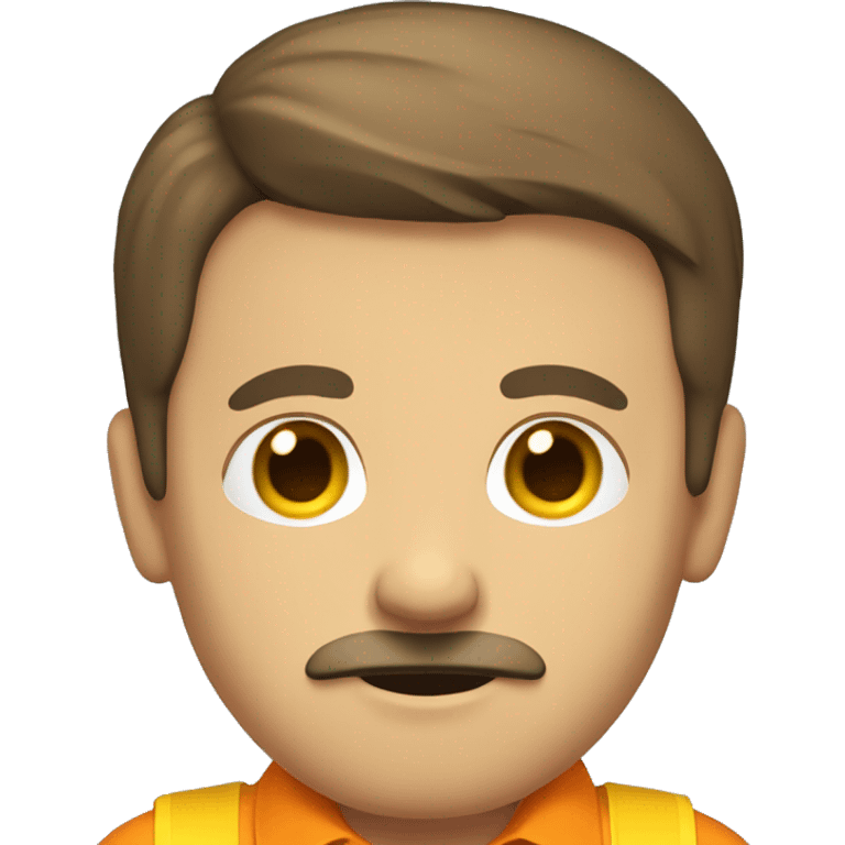 A male with brown short hair, British skin, a brown moustache, wearing an orange shirt and a large yellow tie. emoji