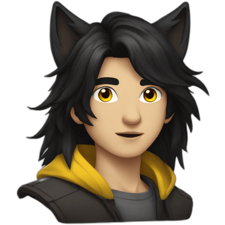 Young man long black hair wolf ears yellow eyes emoji