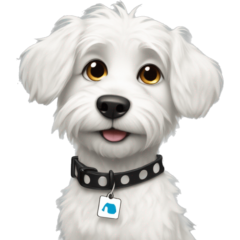 Scruffy white dog with black spots with a name tag that says Stuart  emoji