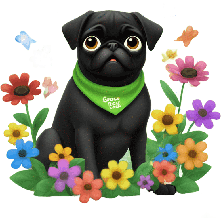 Black pug , surrounded by flowers, holding a green sign that says “good luck”  emoji