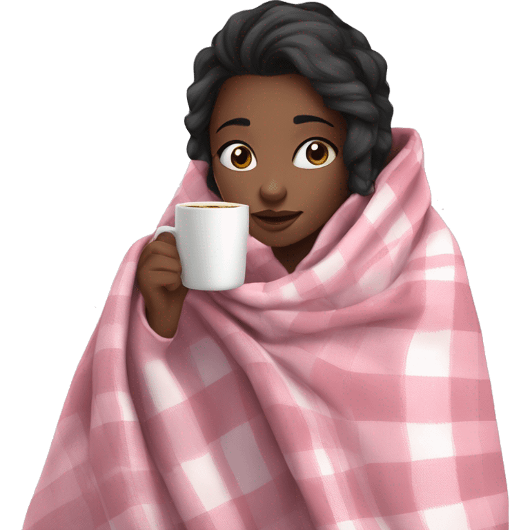 A cute black hair girl wrapped in pastel pink plaid blanket drinking coffee emoji