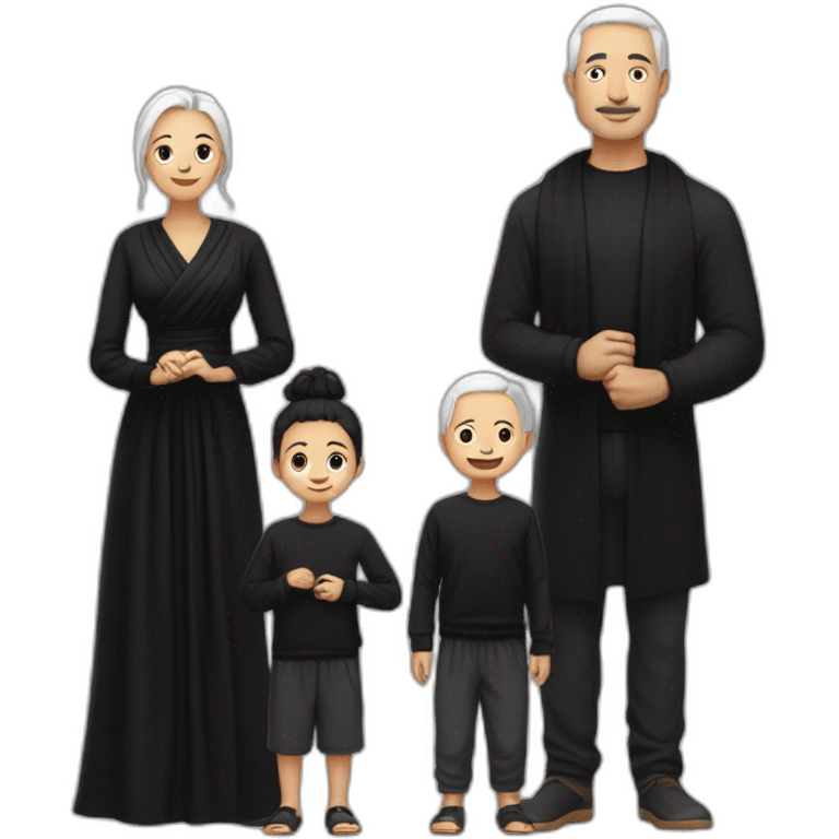 Daddy with white skin wear black shirt and his wife with same skin tone wear black long blaus and wear black shawl also his son wear black tshirt emoji