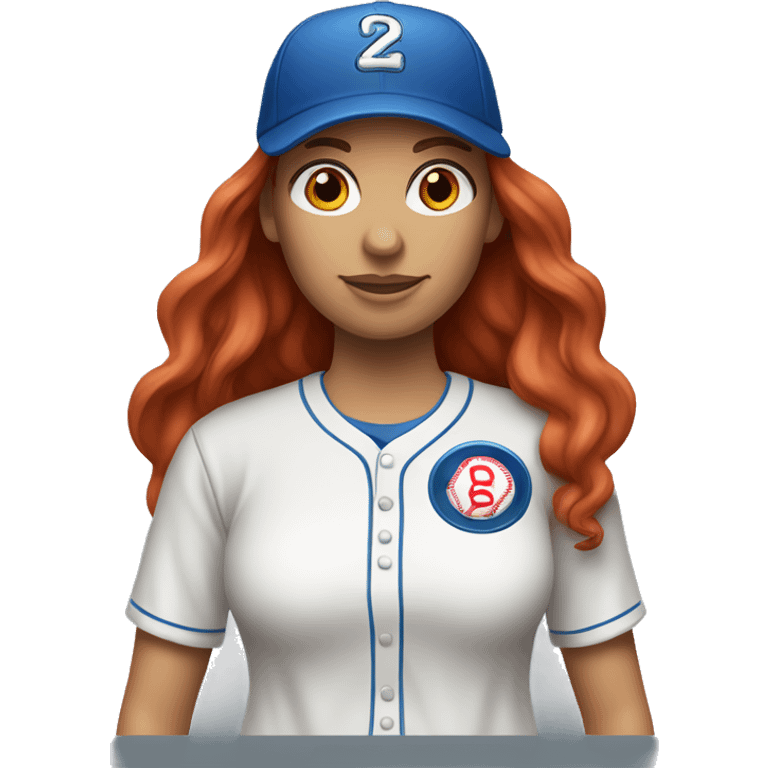 front facing standing up female coach with long red hair, wearing a white t-shirt and a simple baseball blue hat emoji