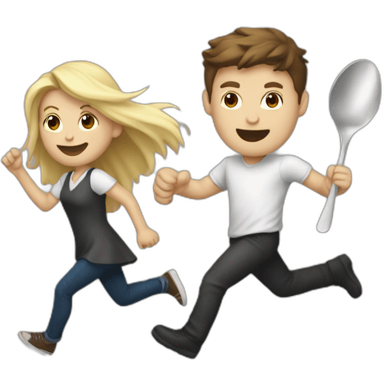 Blonde girl chasing brunette guy with a spoon emoji