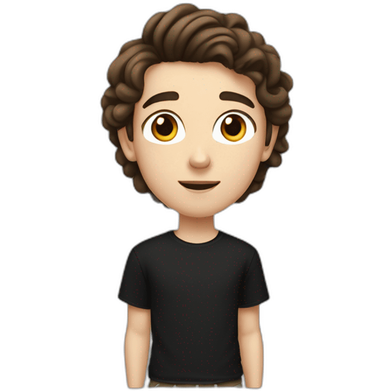 a white teenager boy with big brown eyes and middle parted long coiled brown hair, wearing a black t-shirt with white airpods emoji