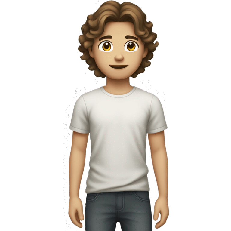 Teenager boy type mexican, White skin, with wavy brown hair (Which go down behind to the nape of the neck), Little bit dezoom emoji