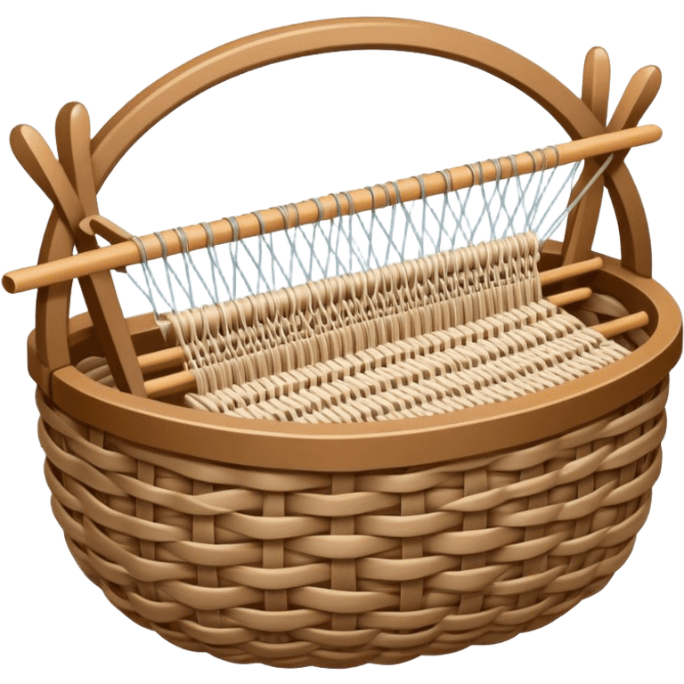 Weaving icon, various types of weaving such as basket weaving, macramé, and loom weaving, showing intertwined threads or ropes, weaving tools like shuttle, crochet hook, and loom, minimalistic style, clean lines, transparent background. emoji