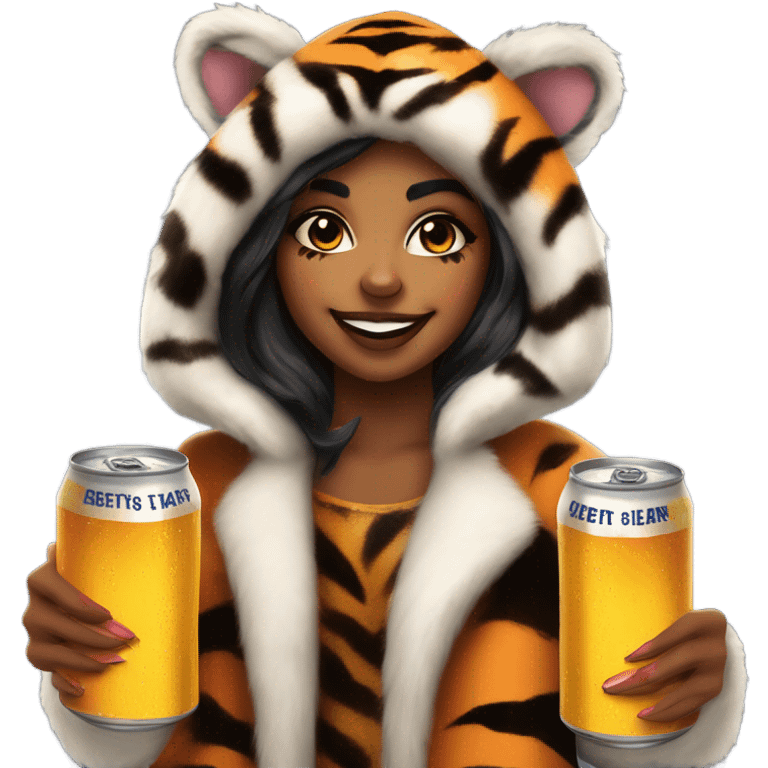 Girl dressed as the tiger king drinking a beer emoji