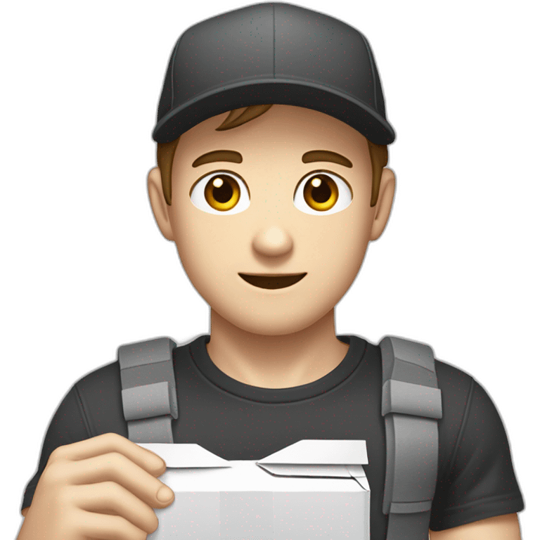 Pale skinned fit Man with dark brown hair in a black cap, gray jeans and dark gray polo T-shirt keeping a pasted with tape white box into his hands emoji