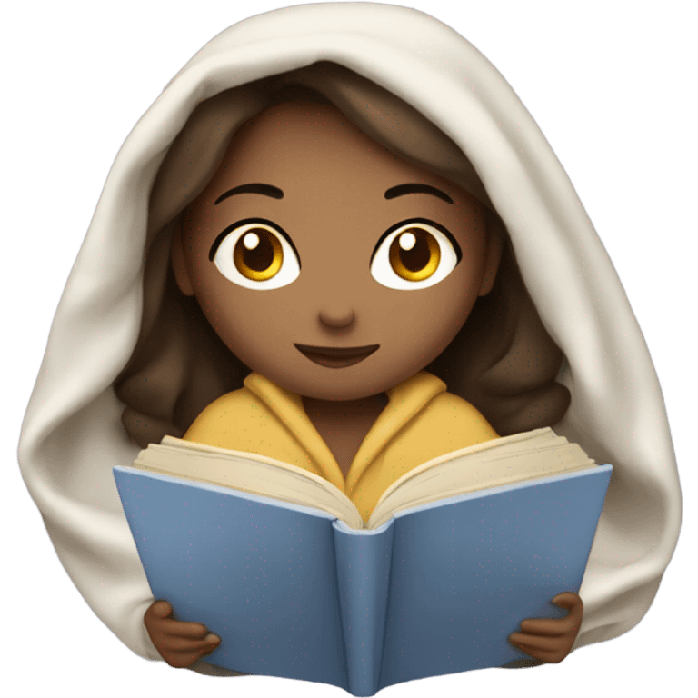 Brunette girl reading book under a blanket with light skin emoji