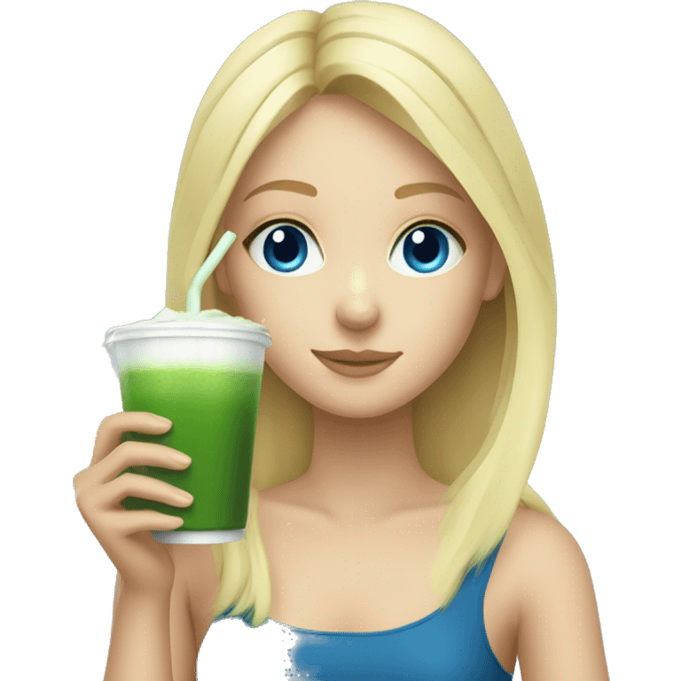 Blonde girl with blue eyes drinking Matcha emoji