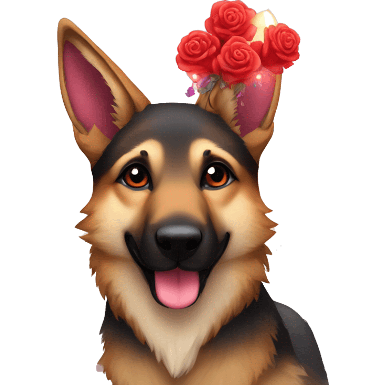 Brindled German shepherd fox carrying glowing red lantern, fairy lights, rose flower crown emoji