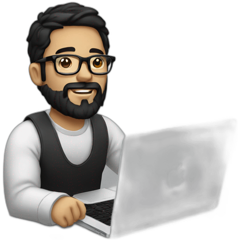 Designer with black hair, beard and glasses working with MacBook and drinking cappuccino  emoji