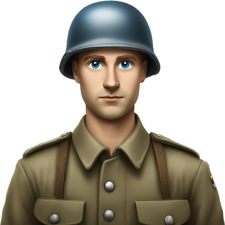 blue eyed  guy 28 years old german soldier in helmet 1940 photorealistic serious emoji