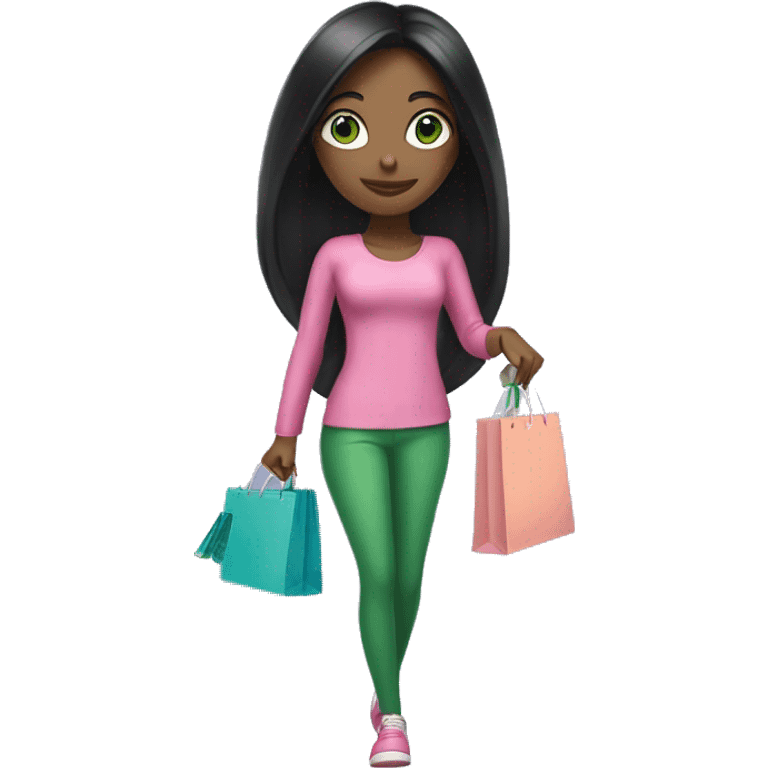 girl with very long black hair and green eyes and pink outfit holding credit card and shopping bags emoji