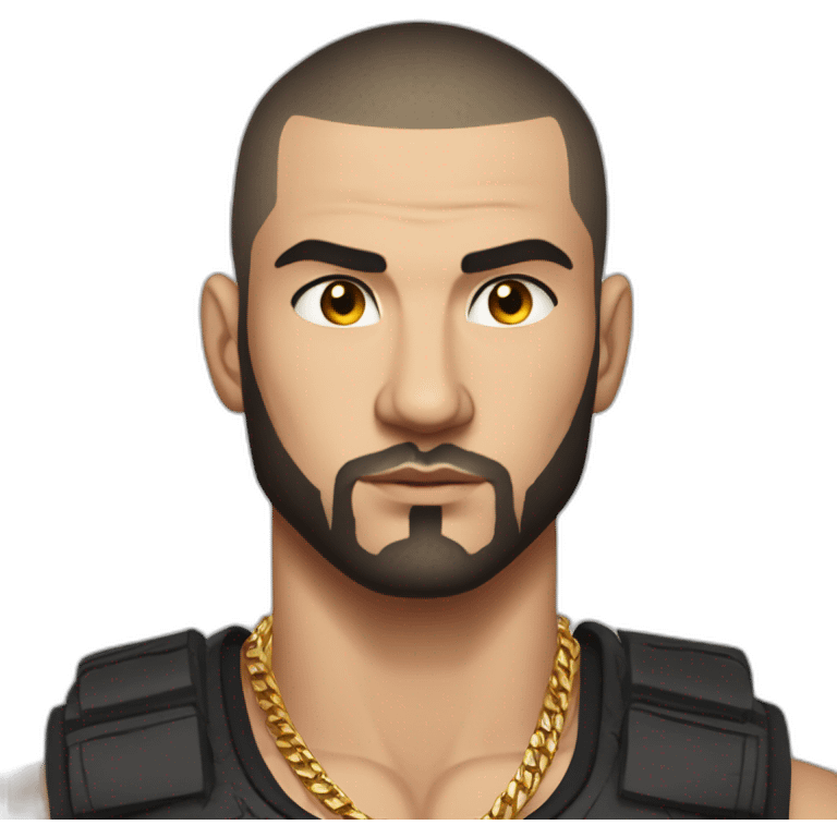 Russian muscular thug man aged 26 wearing gold chain with black hair buzz cut and short beard emoji