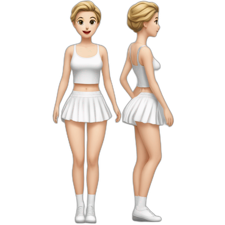 hyperrealistic-full-body-caucasian-curvy-beauty-jumping-small white-skirt-white knickers under skirt white socks back-and-front-views emoji