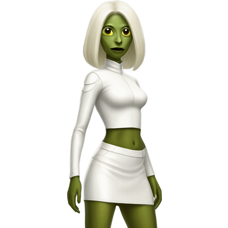 reptilian alien woman in white leather mini skirt, full figure emoji