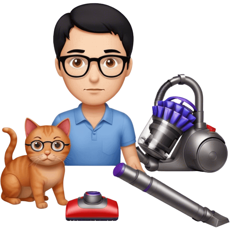 Dyson used by a man with black hair, very light blue eyes with glasses and 2 red cats on the floor emoji