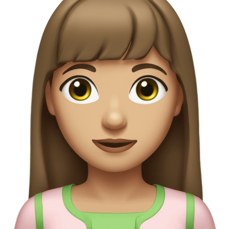  a young woman with a confident and kind expression, long brown hair with bangs, and green eyes. She is wearing a light pink outfit  emoji