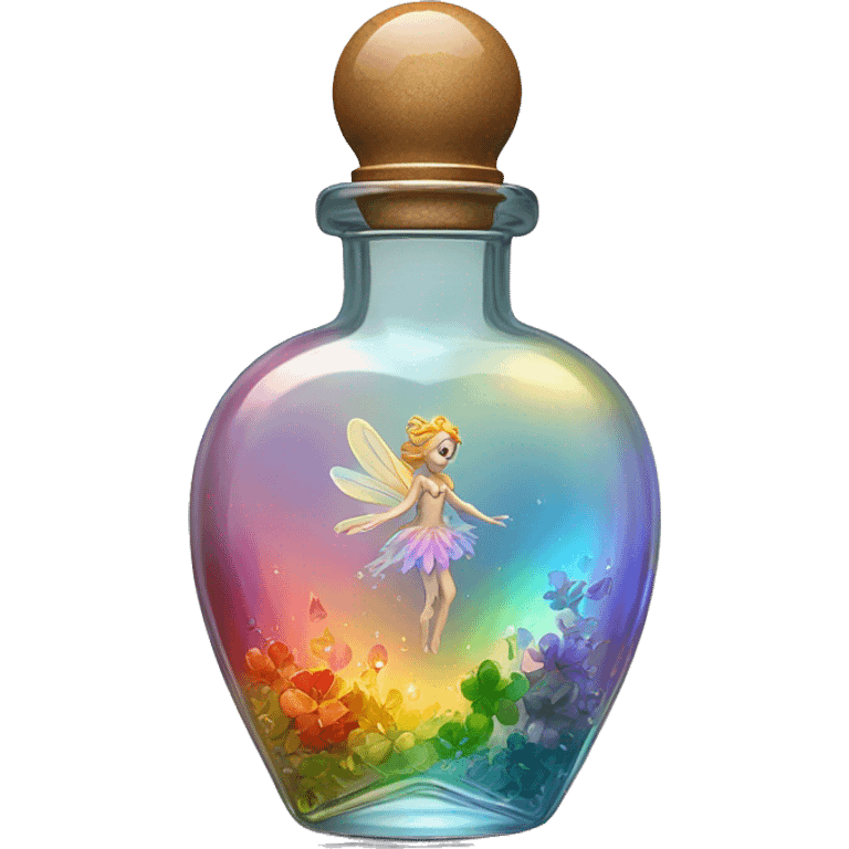 Antique oil heart bottle made of crystal glass of all gentle colors of the light rainbow, a living flower fairy sits at the bottom of the bottle emoji